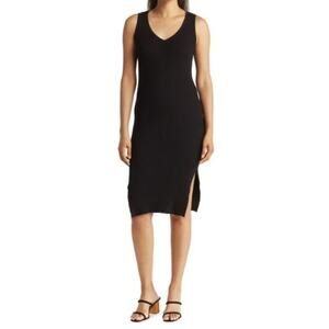 Magaschoni Ribbed Knit Black Sweater Dress V Neck Slit Size L